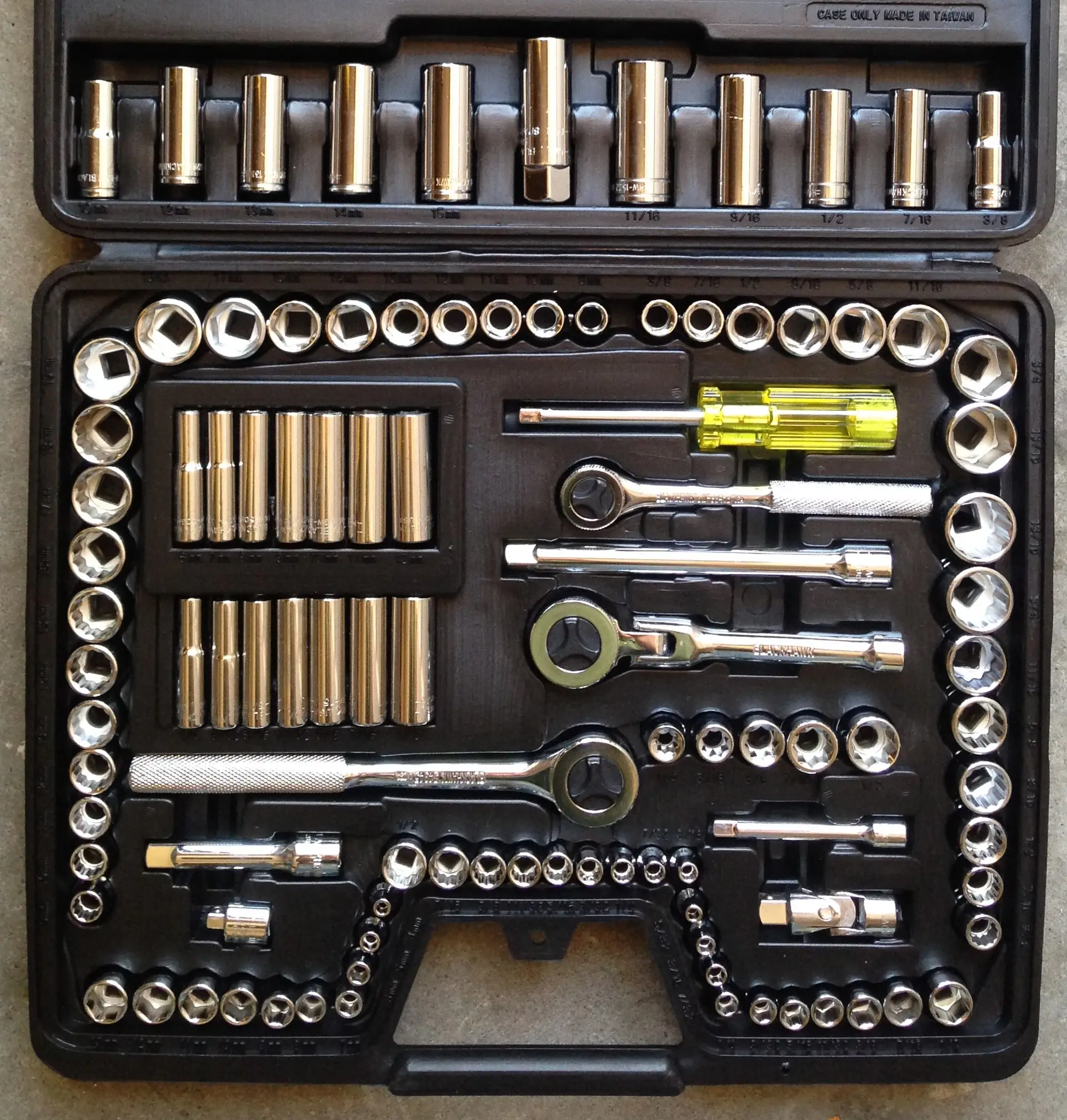 A socket set laid out in its case